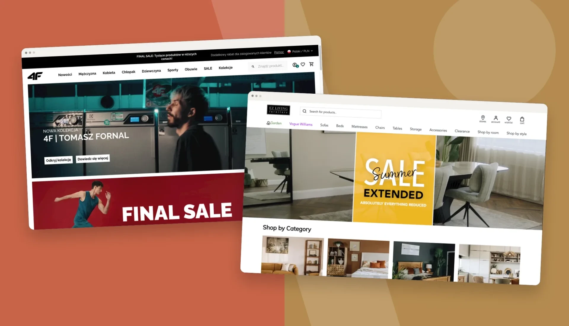 Current 4F and EZ Living Furniture landing pages in balanced browser frames on a warm geometric background