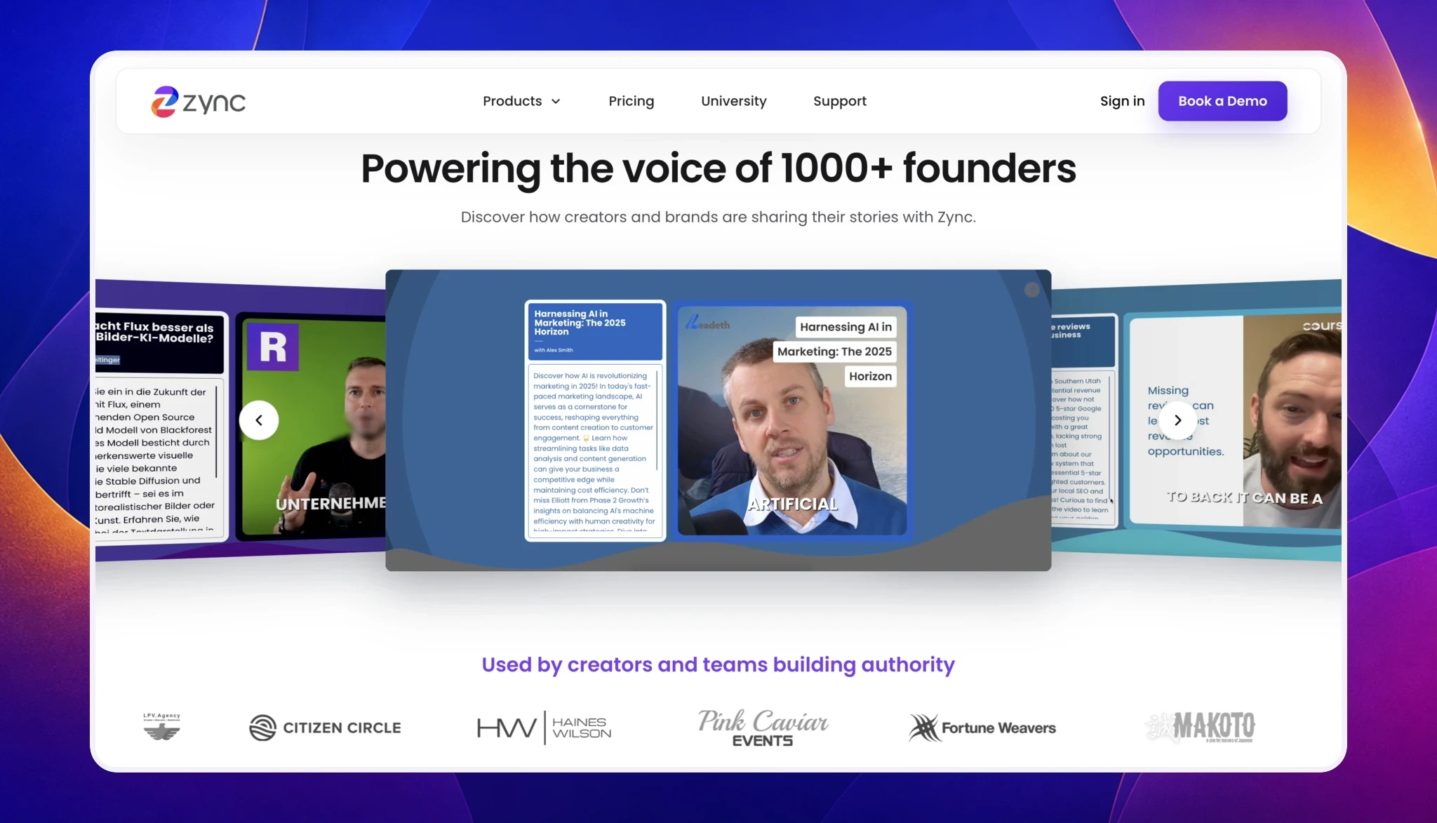 Zync founder-branding website framed by a blue, violet, and gold geometric backdrop